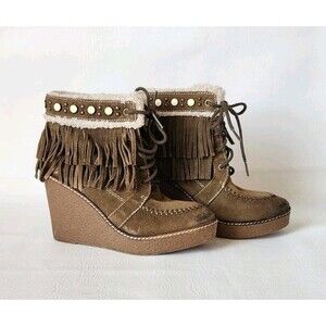 Sam Edelman Kemper Fringe Wedge Lace-up Boot Bootie Mocha SZ 7